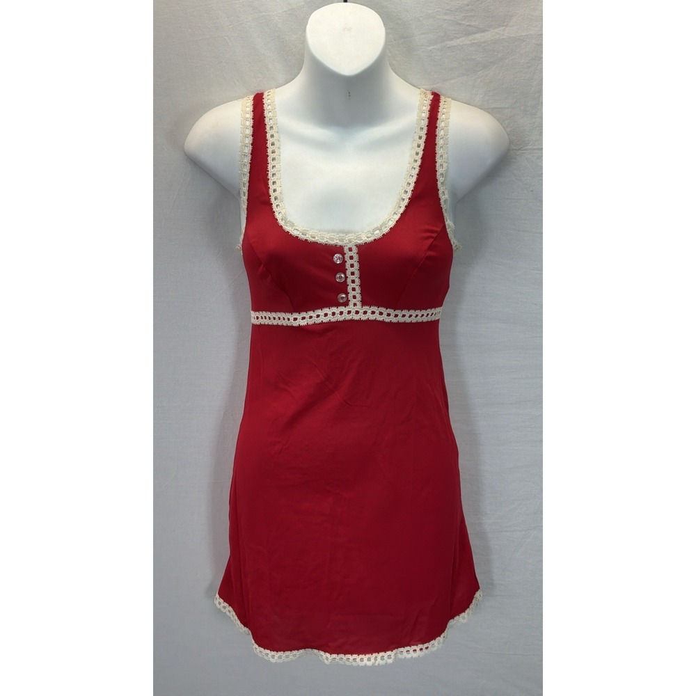 VTG 60s Formfit Rogers Red nightie gown short nylon ivory lace trim 32 coquette